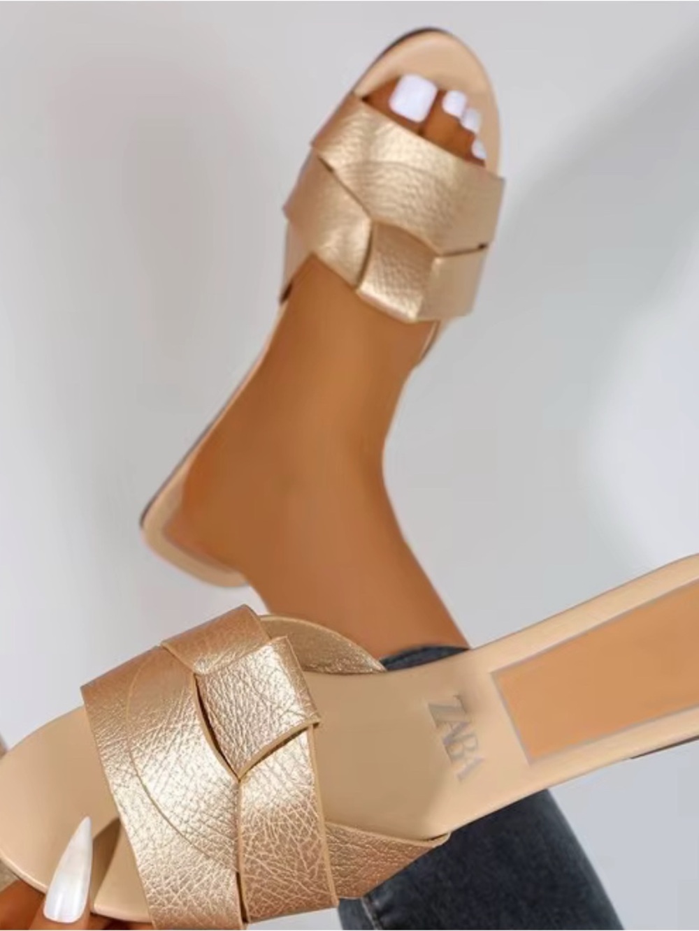 Zara Metallic Gold Braided Slide Sandals